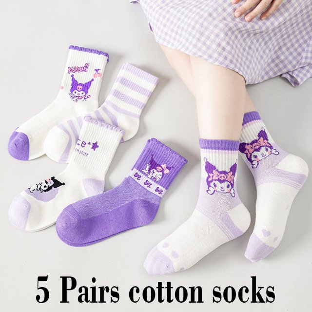 5 pares de calcetines para niños Sanrio Cinnamoroll Kuromi Kawaii, nuevos calcetines de algodón de media pantorrilla con dibujos animados para otoño e invierno para niños y niñas