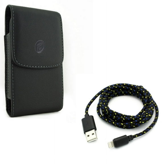 Black Vertical Leather Phone Case Side Cover Protective Pouch w Black Braided 6ft Long USB Cable Rapid Charge Wire Sync W6Y Compatible With iPhone XS X 8 7 6S 6 11 Pro