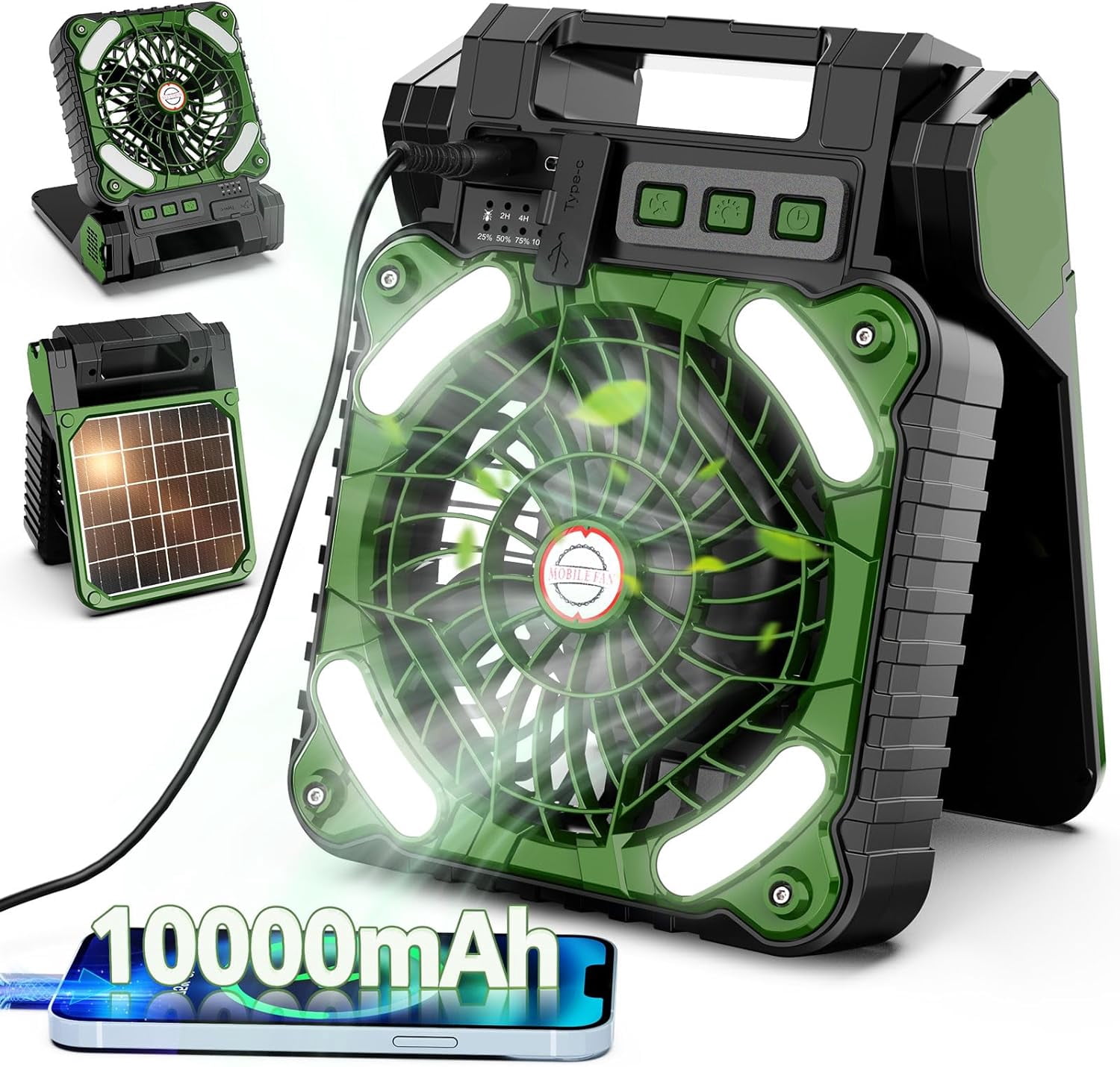 4 Speeds Solar Battery Operated Fan for Camping, 10000mAh Portable Rechargeable Desk Fan with LED Light & Timing Function, Folding USB Charger Port Camping Fan Power Bank for Home Office Car Outdoor