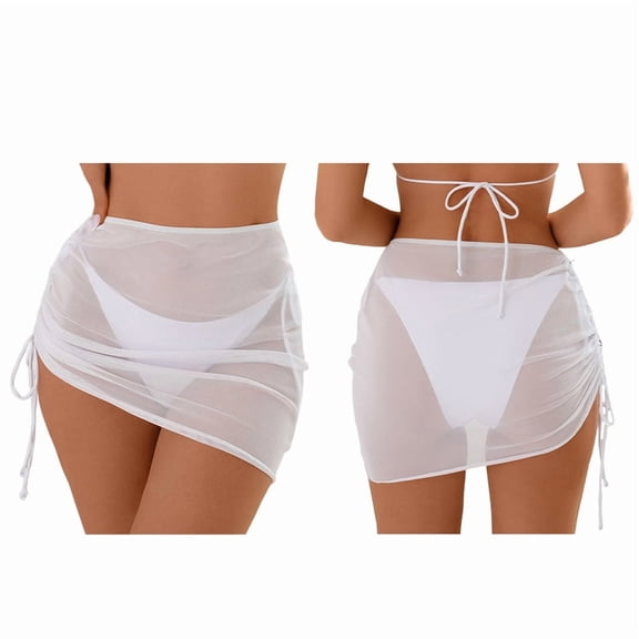 Women Drawstring Ruched Sheer Swim Skirt Beach Mesh Bathing Suit Cover Ups Bikini Cover Up White S