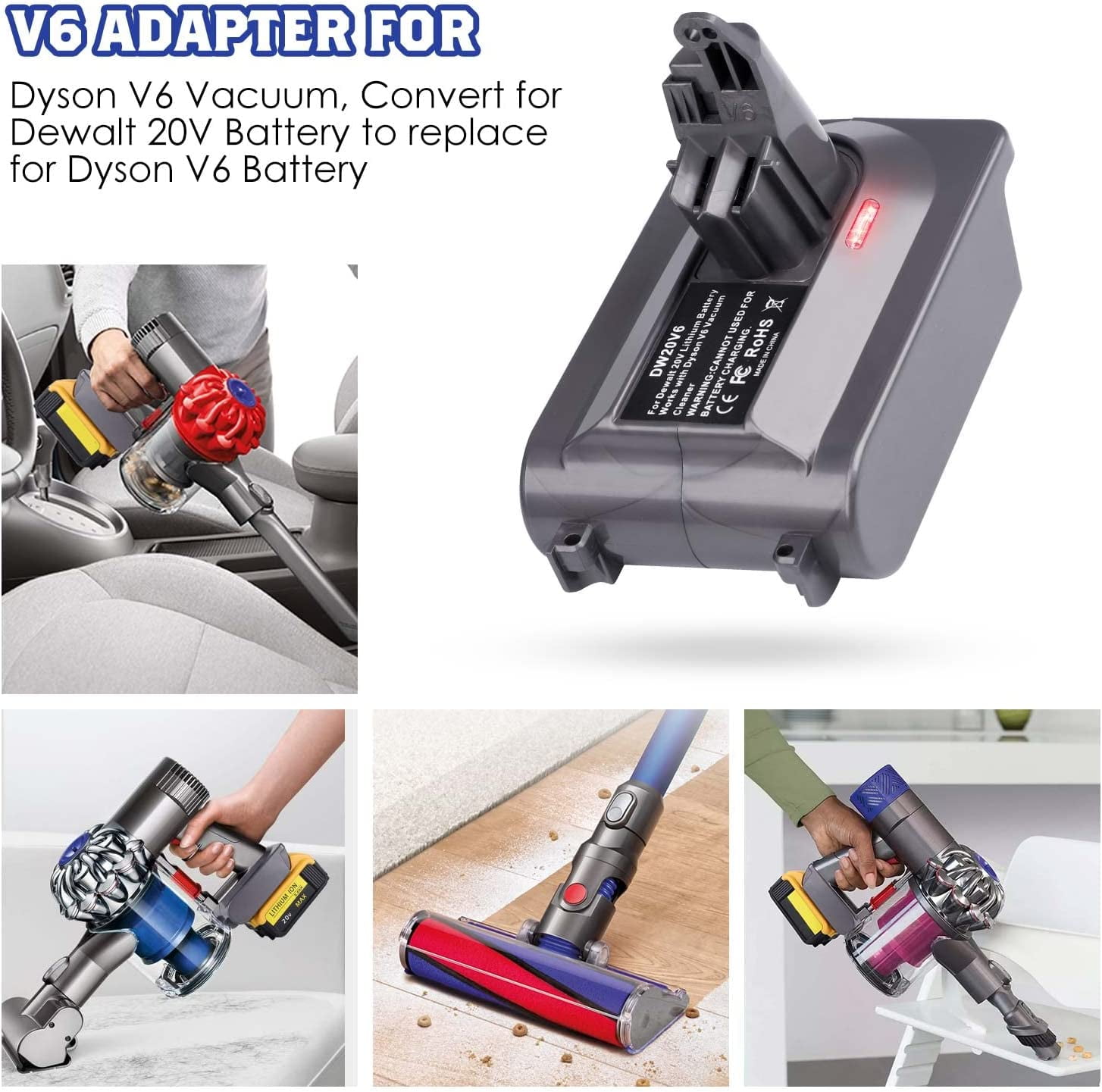 for Dyson V6 Battery Adapter for Dewalt 18V/20V Battery Convert to for Dyson V6 DC58 DC59 DC61 DC62 SV04 SV09 Vacuum Converter (DW20V6 Adapter only)