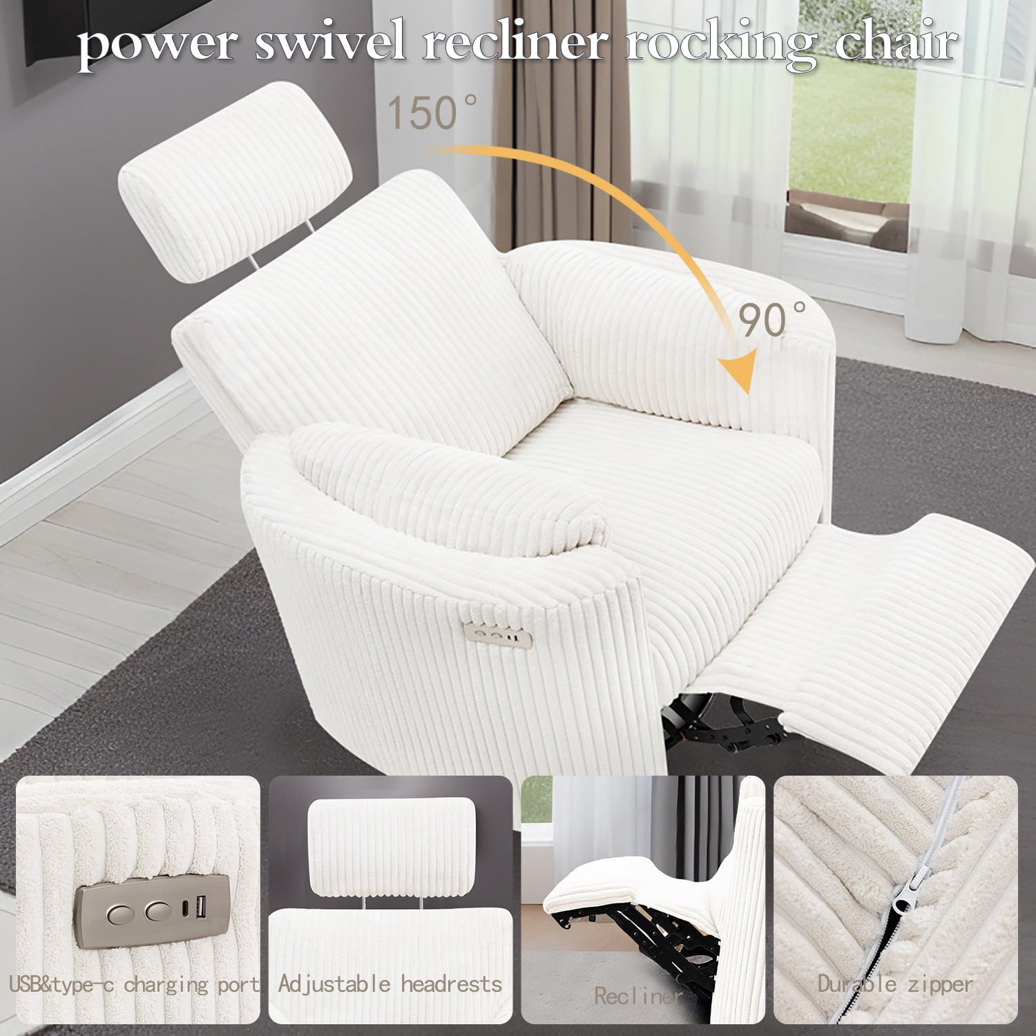 Cynefin Power Recliner Swivel Rocking Nursery Glider Rocker Chair with Headrest, USB and Type-c Port, Corduroy Electric Reclining Sofa Chair Arm Chair for Living Room
