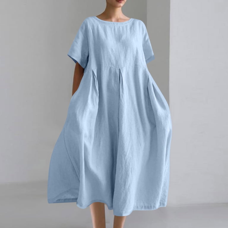 Sky Light Blue Brunch Dresses for Ladies Summer Fall Short Sleeve Crewneck  Faux Linen Long Basic Dresses Womens 2026 Clothes Trendy 5XL