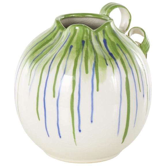 DecMode 11" Abstract White Ceramic Vase with Green and Blue Drip Design and Handles