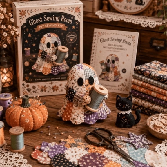 2026 Little Ghost's Cozy Halloween DIY Patchwork Kit,Halloween Sewing & Quilting Project for Adults and Teens - Includes Fabric, Thread, Instructions,Handmade Decor Ornament Gift,Style A