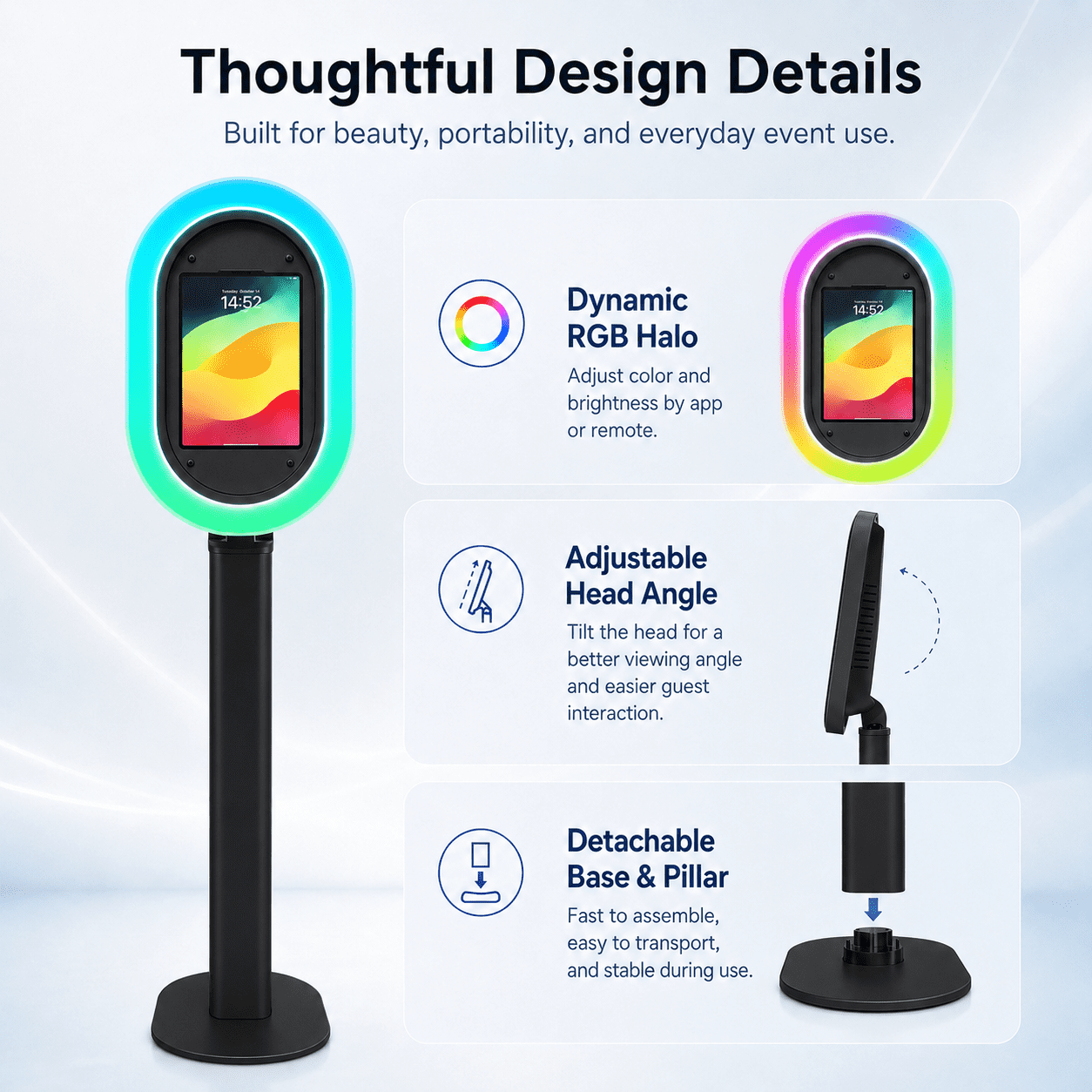 Portable iPad photo booth with flight case, metal selfie stand, and RGB ring light, perfect for parties, weddings, and rental businesses - compatible with 10.2-inch to 13-inch iPads.