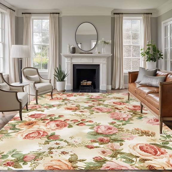Area Rug for Living Room, Pink Rose Fall Non-Slip Indoor Ex Large Carpet for Bedroom/Dining Room, Thanksgiving Vintage Pastoral Floral Washable Low-Profile Rectangle Floor Runner Rugs - 8 x 10 Ft