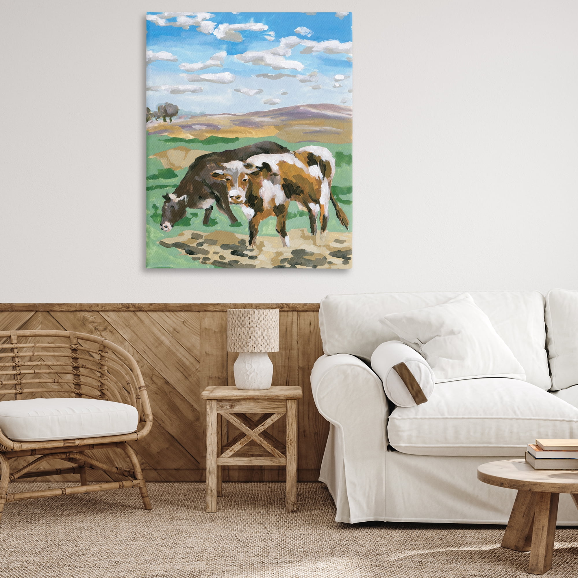 Stupell Industries Grazing Cattle Landscape Animals Painting Wrapped Canvas Art Print Wall Art, 36 x 48
