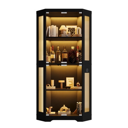 Panapinka 4-Tier Glass Display Curio Cabinet with 3 Color Lights Human Body Sensor & Charging Ports Corner Storage for Collectibles Toys Books Living Room