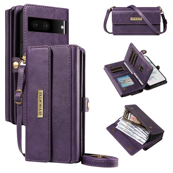 Wallet For Google Pixel 7 Case with RFID Blocking [9 Card Holder] [3 Cash Slots] [1 Zipper Pocket] for Women Men,Magnetic Snap Closure PU Leather Flip Stand Crossbody Strap Case,Purple