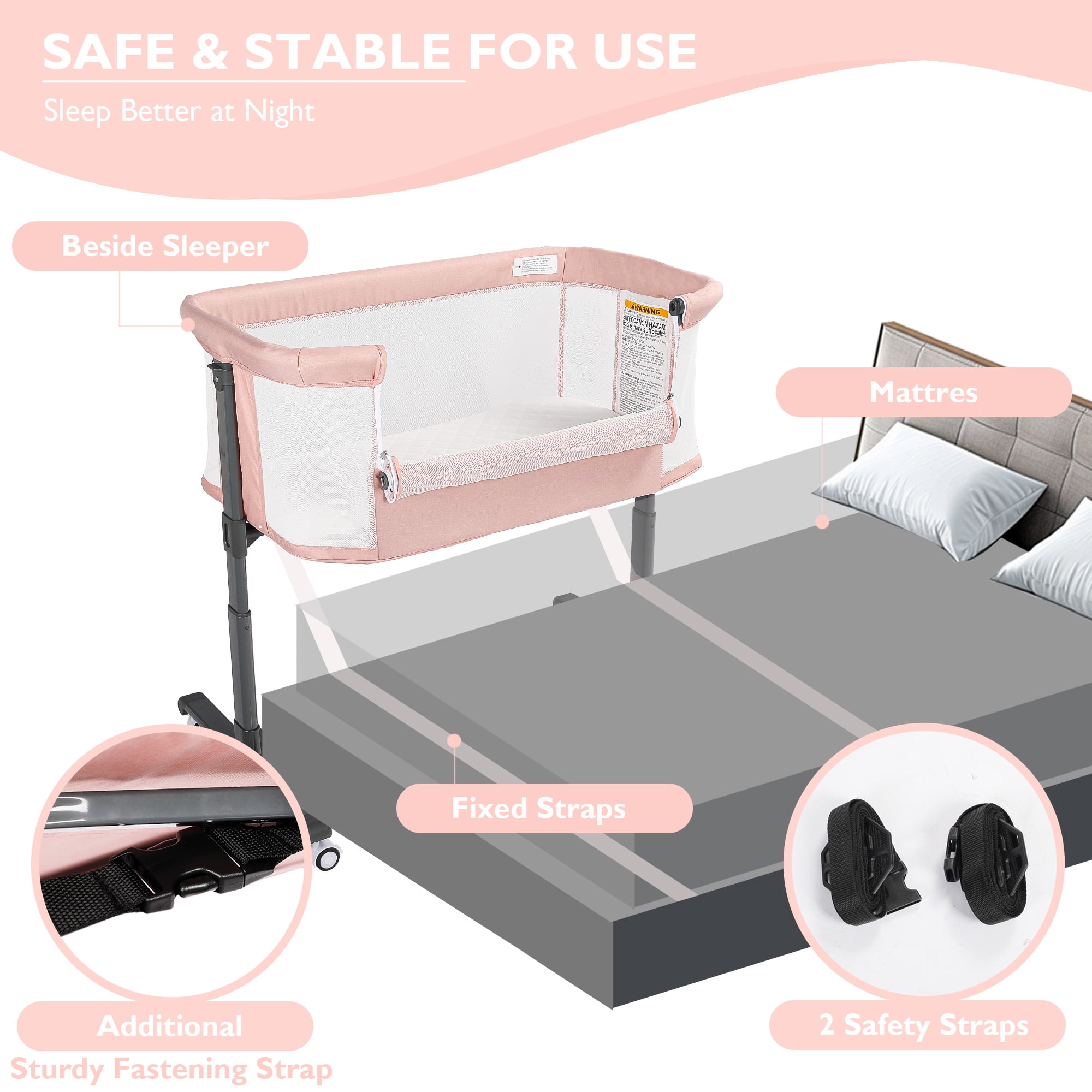 AILEEKISS Baby Bassinet with Wheels Adjustable Bedside Sleeper Bassinet Newborn Baby Crib, Pink