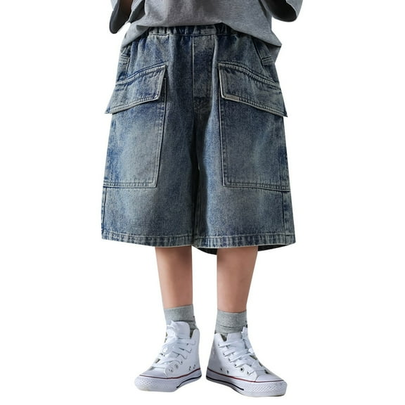 XUELUO Boys Athletic Shorts And Pants Summer Cargo Denim Solid Color Elastic Waist Wide Leg Loose Casual Shorts Jeans Trousers Sportwear,Blue,4-5 Years