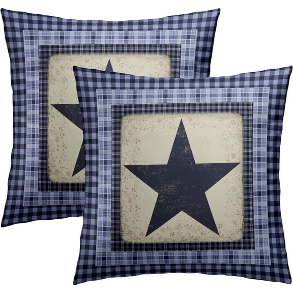 Primitive Star Pillow Covers 18x18 Inch Set of 2 Rustic Outdoor Pillowcase Black Blue Buffalo Plaid Classic Decorative Square Cushion Cover for Home Living Room Couch Bed