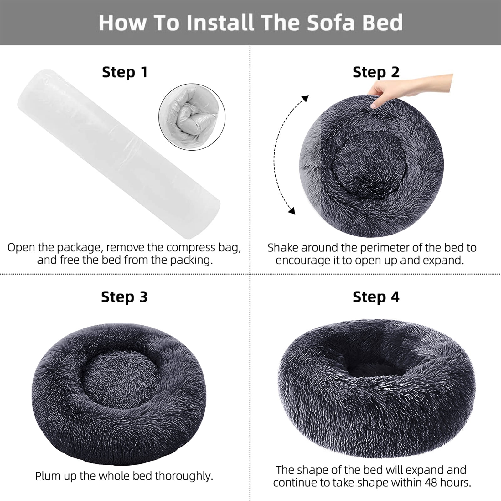 Nisrada Calming Donut Dog Bed Anti-Anxiety, Self Warming, Cozy Soft Plush Round Pet Bed, Ideal for Both Home & Travel, 24"L x 24"W x 8"H