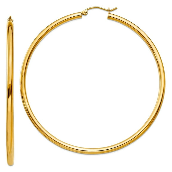 14k Yellow Gold Polished 2.5mm Round Hoop Earrings 60mm long 2.5mm Thick Hoop Earring for Women