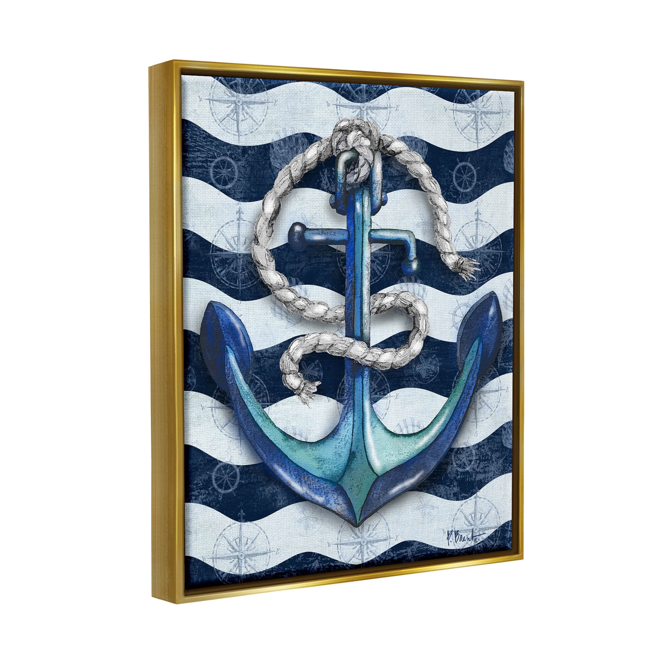 Stupell Industries Nautical Anchor Wavy Navy Stripes Graphic Art Metallic Gold Floating Framed Canvas Print Wall Art, Design by Paul Brent