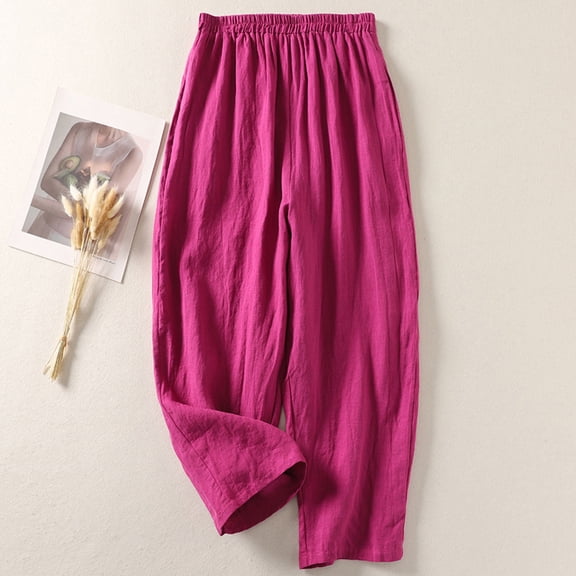 Odbmxy Womens Plus Size Pants Wide-Leg Ankle Trousers Women Pink Holiday Solid Color Elastic Waist Loose Palazzo Casual Pants,M