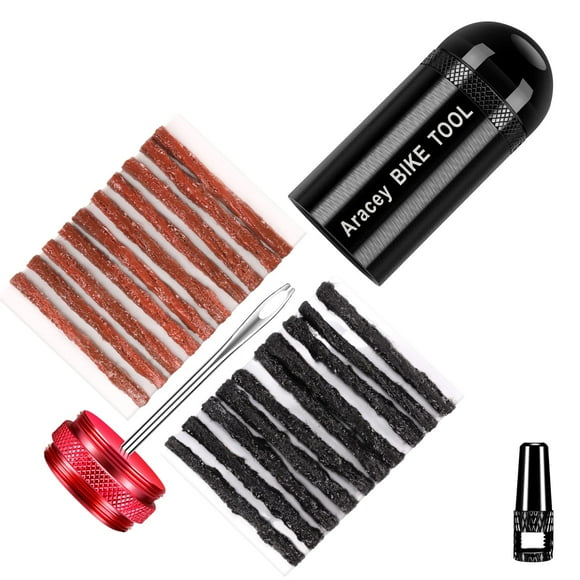 Aracey Tubeless Tire Repair Kit for MTB and Road Bicycle Tires, Combined Ream, Portable Capsule Appearance – Fix a Puncture or Flat,Includes Plugger Tool and Plugs - 20 Bacon and 10 Black Strips