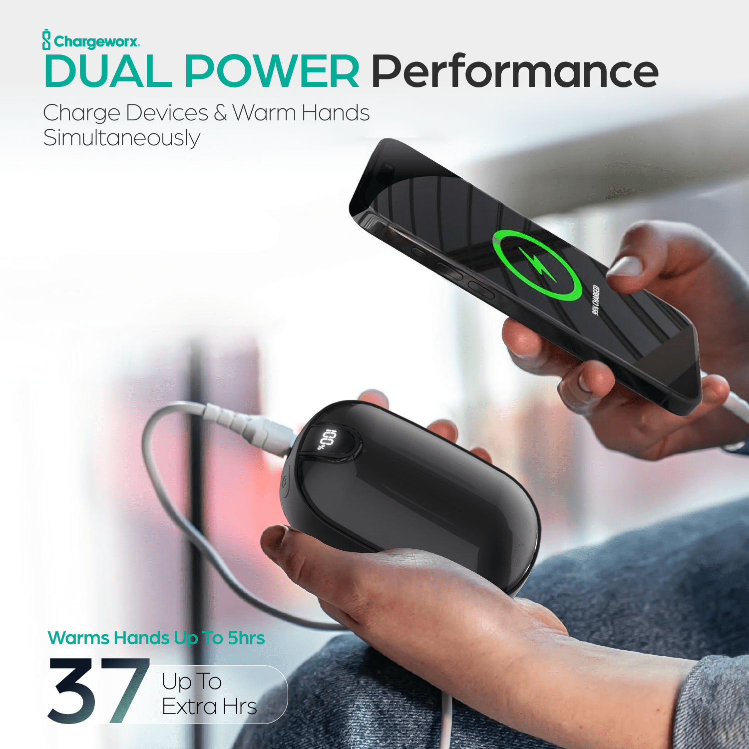 ChargeWorx Rechargeable Hand Warmer, 5000mAh Portable Electric Hand Heater & Power Bank with LCD Display, 5-Hour Warmth, USB Charger for Camping, Hunting, Outdoor Sports, Travel & Cold Weather Relief