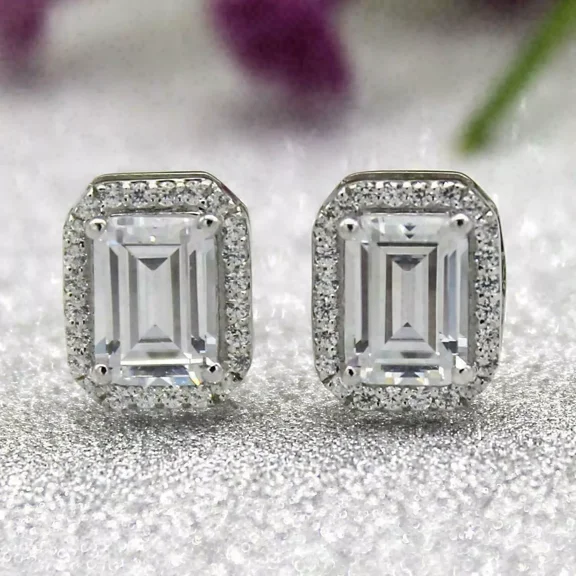 2Ct Emerald Cut Lab-Created Moissanite Stud Earring 14K White Gold Plated