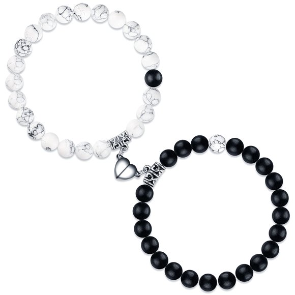 Bracelet Magnétique pour Couples, Bracelet de Thérapie par Champ Magnétique Élastique, Bracelet en Pierre Mate Howlite pour Femme, Cadeau pour Petite Amie