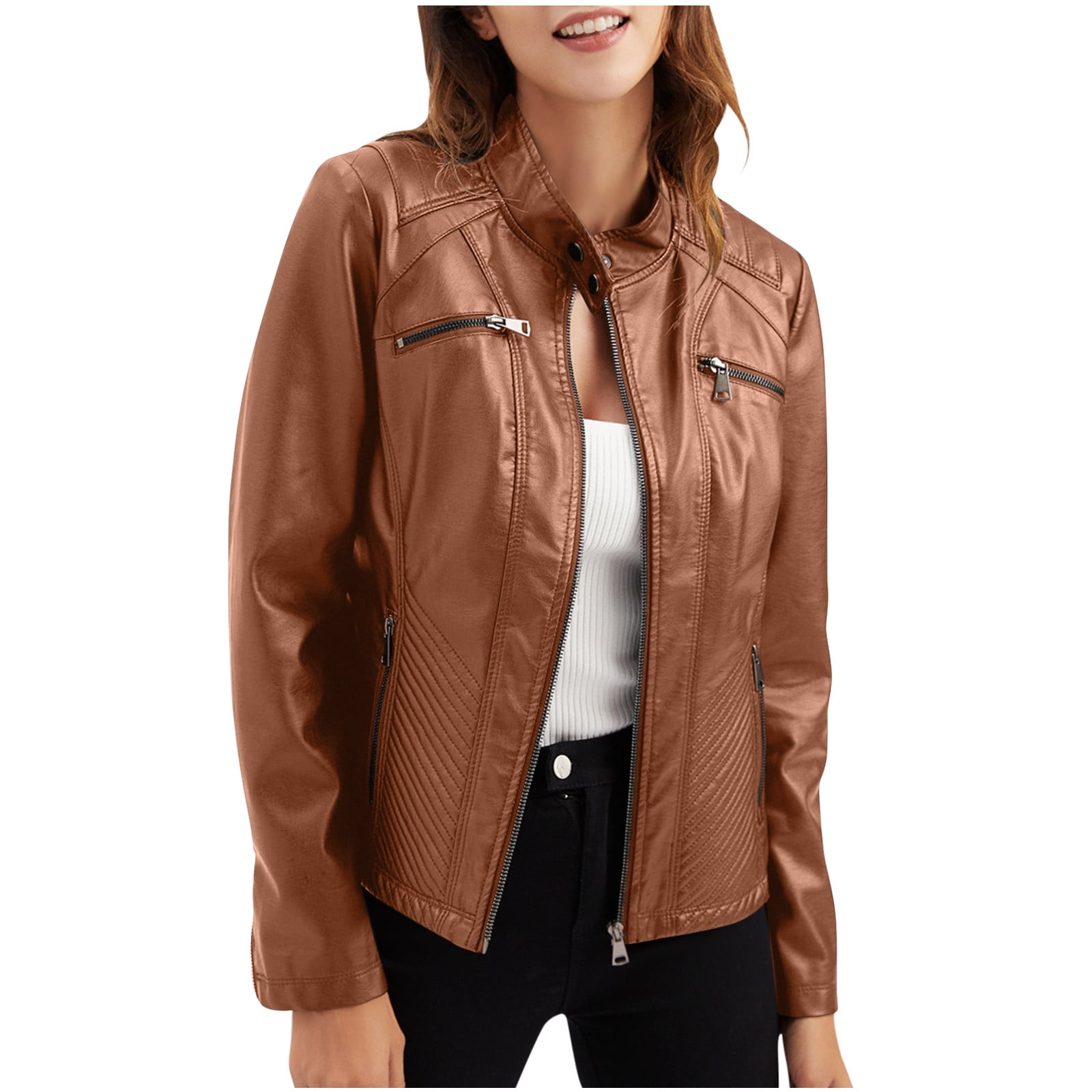 Miluxas Women's Faux Leather Classic Asymmetrical Motorcycle Jacket (Standard & Plus Sizes) Brown 6(M)