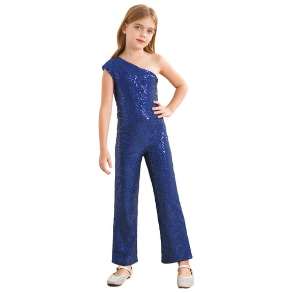 Runhomal Kids Girls Wide Leg Jumpsuit Sequins Sleeveless One Shoulder High Waist Party Romper Navy Blue 12