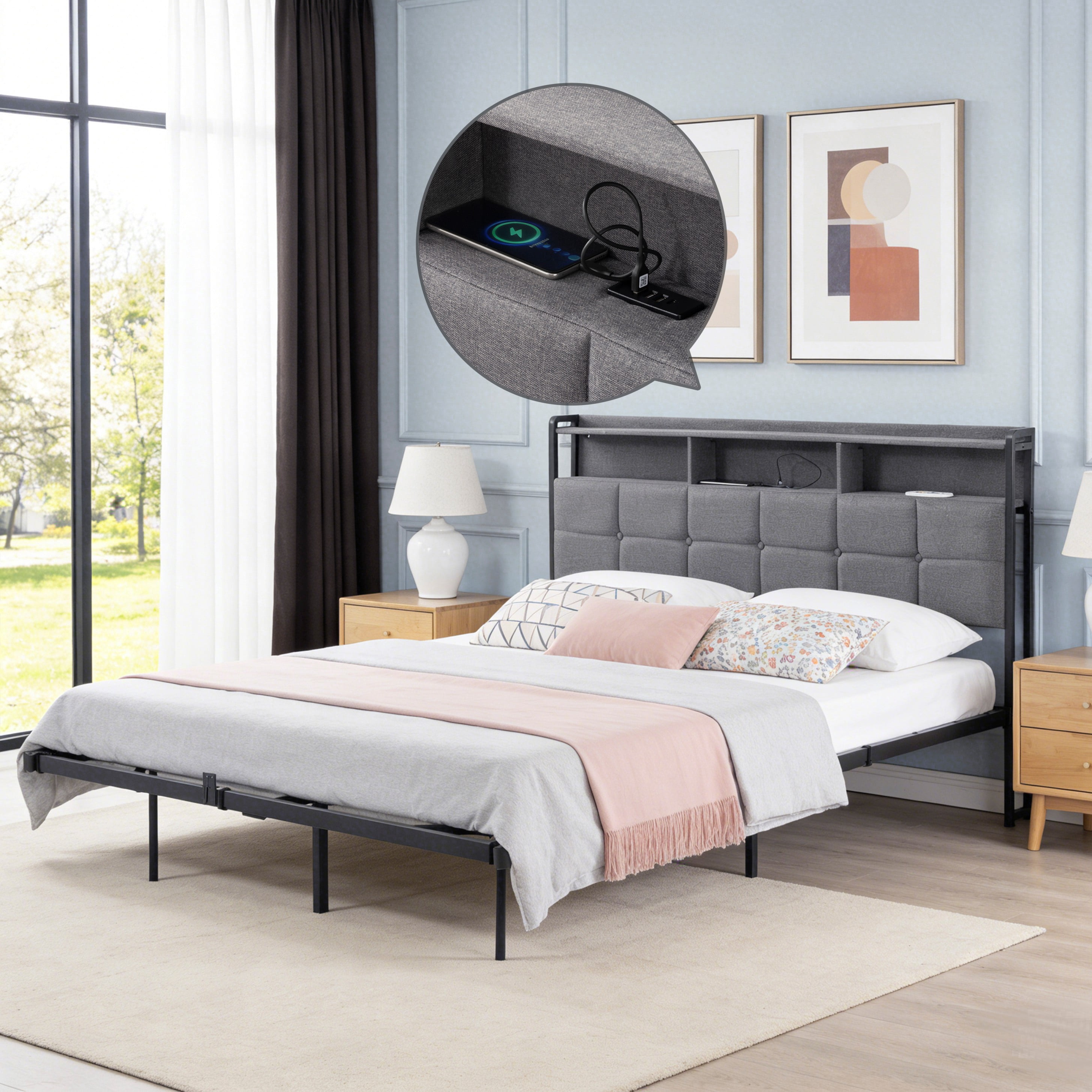 BSHTI Queen Size LED Bed Frame with Upholstered Headboard, RGB Lights & USB Ports for Bedroom, Comfortable Upholstered Backrest, 2-Tier Shelf, No Box Spring Needed，Grey