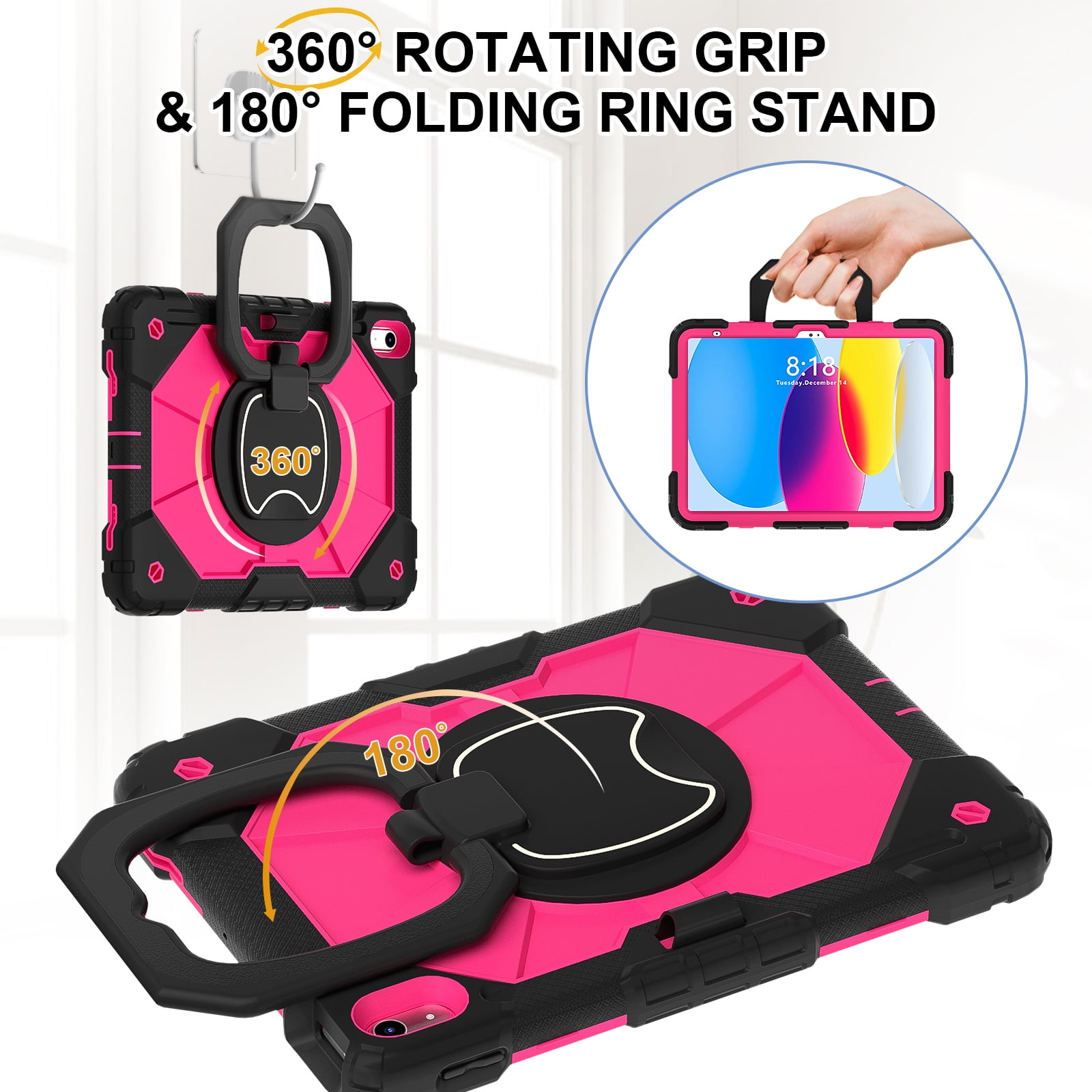 Decase Kids Case for Apple iPad 11th (A16)/10th Gen 2025/2022,Shockproof Rotatable Stand Cover,Detachable Shoulder Strap,Rugged 3-Layer Tablet Shell with Pen Holder,Black+Rose