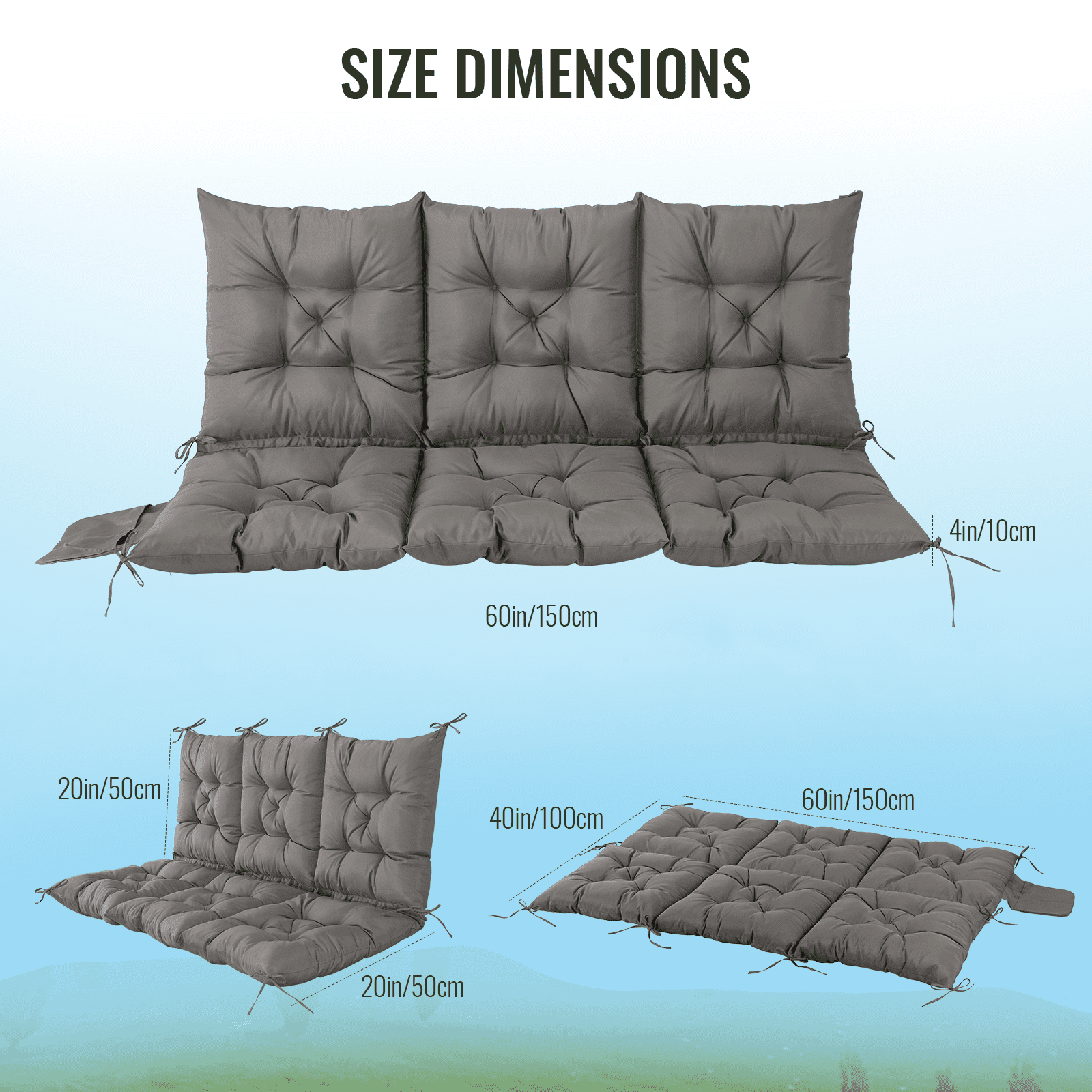 Outdoor Bench Cushion Inlife Swing Chair Cushion Waterproof Sun-Resistant with 8 Nonslip Ties, Deep Gray 150cm*100cm