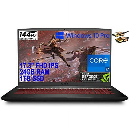 MSI Katana GF76 17 Gaming Laptop 17.3" FHD IPS 144Hz Display 11th Gen Intel 8-Core i7-11800H 24GB RAM 1TB SSD GeForce RTX 3050 Ti 4GB Backlit Keyboard USB-C Nahimic Win10 Pro Black + HDMI Cable