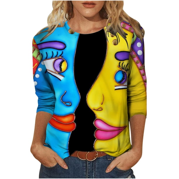 Blusa de cuello redondo cómoda de manga larga con estampado de grafiti de novedad clásica para mujer Pompotops gfhjh19366