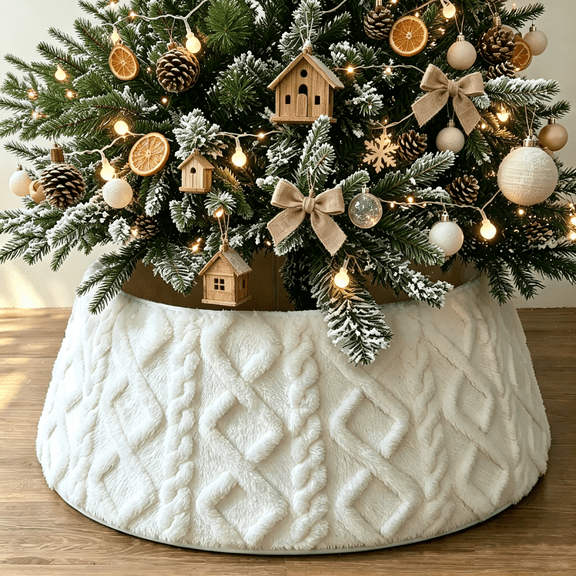 Sinkoo Christmas Tree Collar, 28in Adjustable White Plush Christmas Tree Skirt with Diamond Pattern, Farmhouse Rustic Indoor Holiday Home Decor
