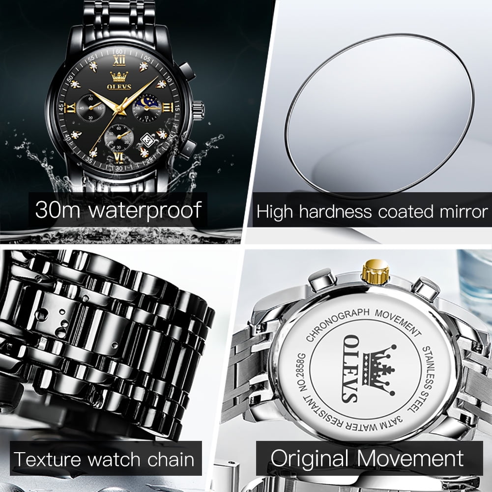 OLEVS Watches for Men, Mens Watches Gifts for Men Chronograph Analog Quartz Luxury Casual Classic Diamond Waterproof Luminous Stainless Steel Reloj para Hombre Black Dial