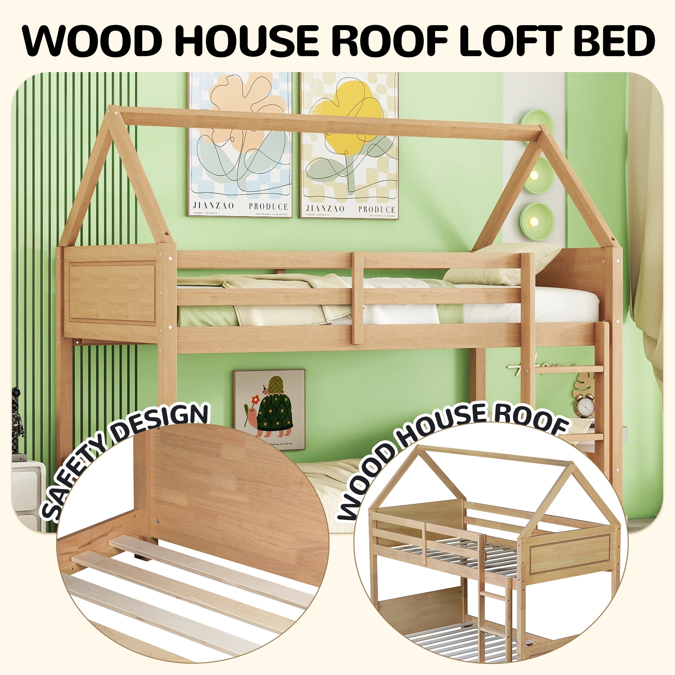 Aukfa Heavy Duty Junior House Bunk Bed with Full-Length Guardrail, Twin Over Twin Bunk Bed Frame, Oak