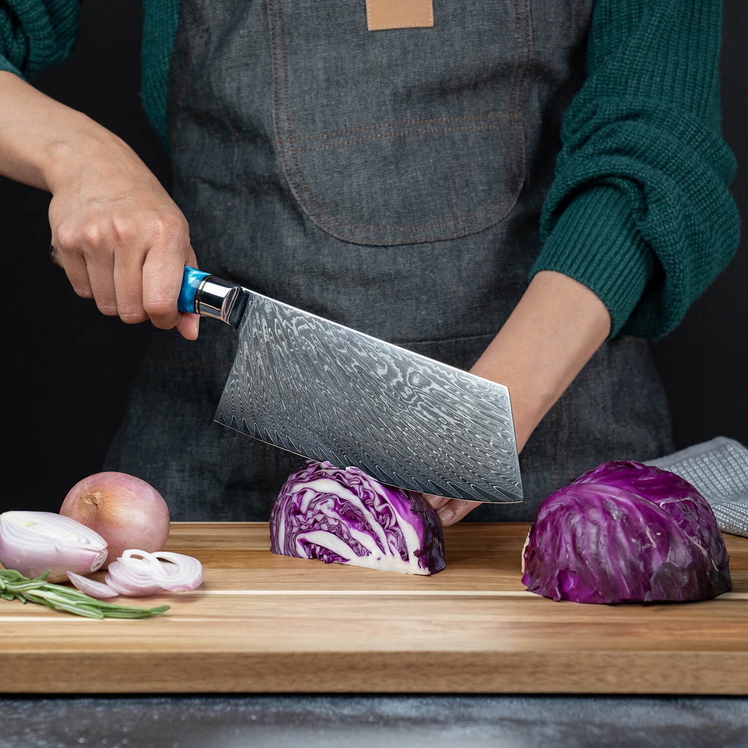 7-Piece Damascus Steel Kitchen Knife Set - Tsunami Collection - 67-Layer Japanese VG10 Steel - Chef's Knife, Cleaver Knife, Bread Knife, & More…