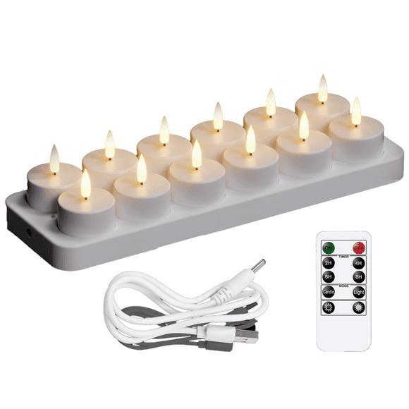 Bougies Chauffe-Plat Rechargeables, 12 Pcs Bougies Rechargeables avec Base de Chargement à Distance, Bougies Sans Flamme à LED