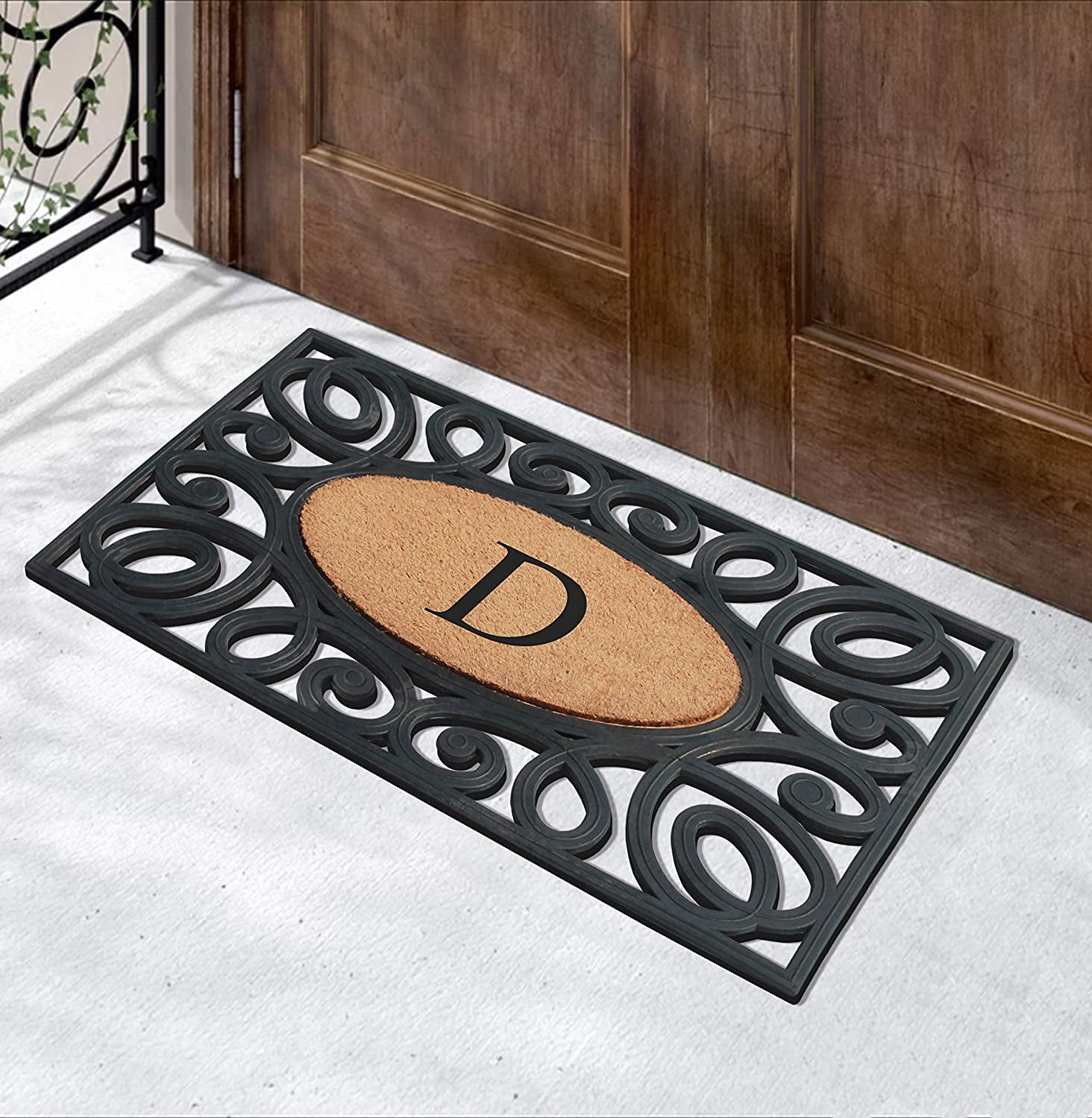 A1HC Elegant Circles Rubber and Coir Mat for Outdoor Entrance Heavy Duty Monogrammed Doormat Black/Beige 23x38