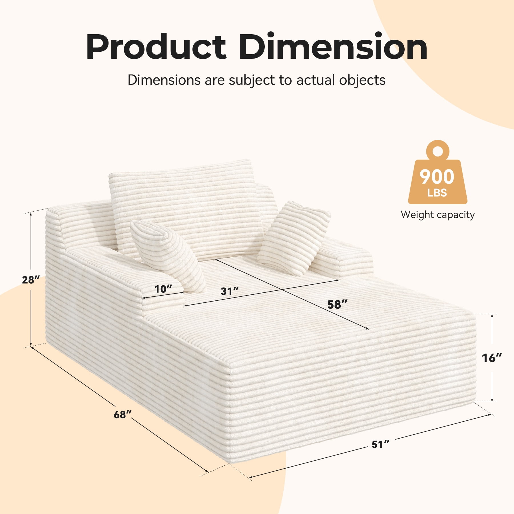 MOONMISS 68" Oversize Chaise Lounge Chair Indoor,Comfy Non-assembly Sofa Couches With 3 Pillows,Beige