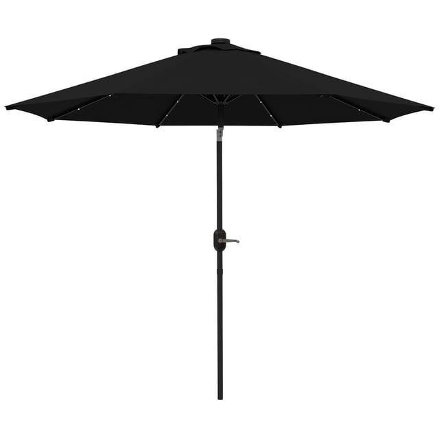 9ft Round Solar LED Patio Umbrella, Black Polyester Sunshade with 24 Lights, Tilt Canopy & Crank Handle, Rust-Resistant Steel Frame for Backyard, Garden, Pool, and Balcony