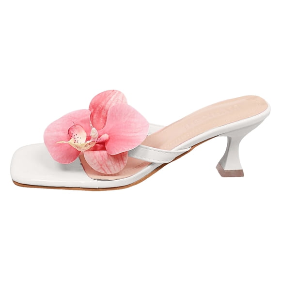 Women's Open Toe Floral Kitten Heels Sandals Summer Beach Square Toes Flip Flops Strappy Mule Thong Sandal White Size 9.5