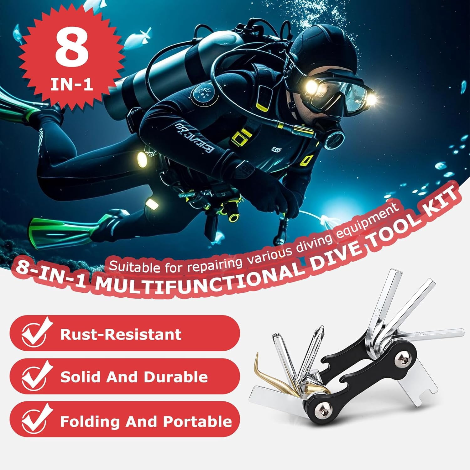 ABCISI Scuba Multi-Tool, Sturdy Mini Compact 8-in-1 Stainless Steel Diving Dive Tools, Multifunctional Portable Repair Set for Repairing & Adjusting Diver Gears, Black