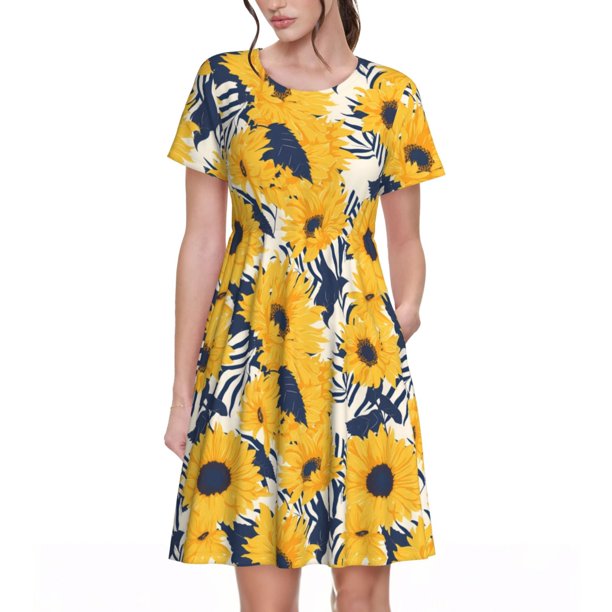 Easygdp Blue Striped Sunflower para Vestido Transpirable de Mujer, Vestido Suelto de Manga Corta con Pliegues y Bolsillos para el Verano