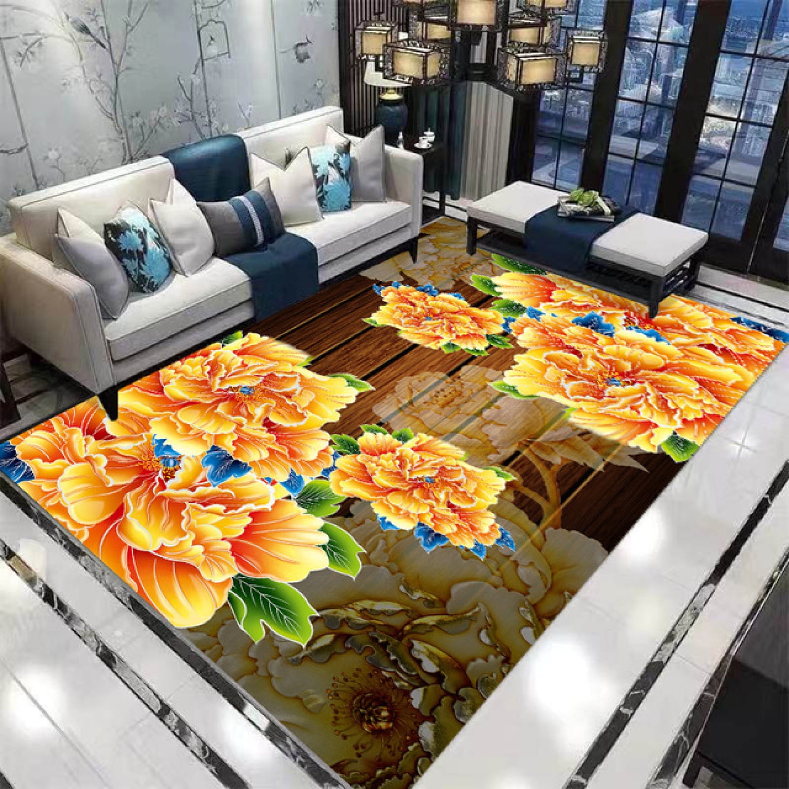 Area Rug Vintage Yellow Floral Rugs For Bedroom Living Room Non Slip
