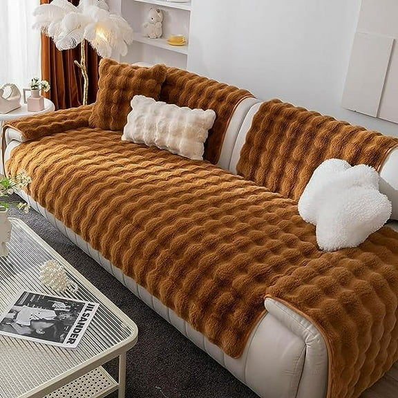 NAMZI Luxury Thick Faux Fur Plush Couch Cover Ultra Soft Anti-Slip Sofa Cover Fluffy Furry Sofa Slipcover Washable Furniture Protector for Kids Dogs Cats Pet (Caramel,28"x28")