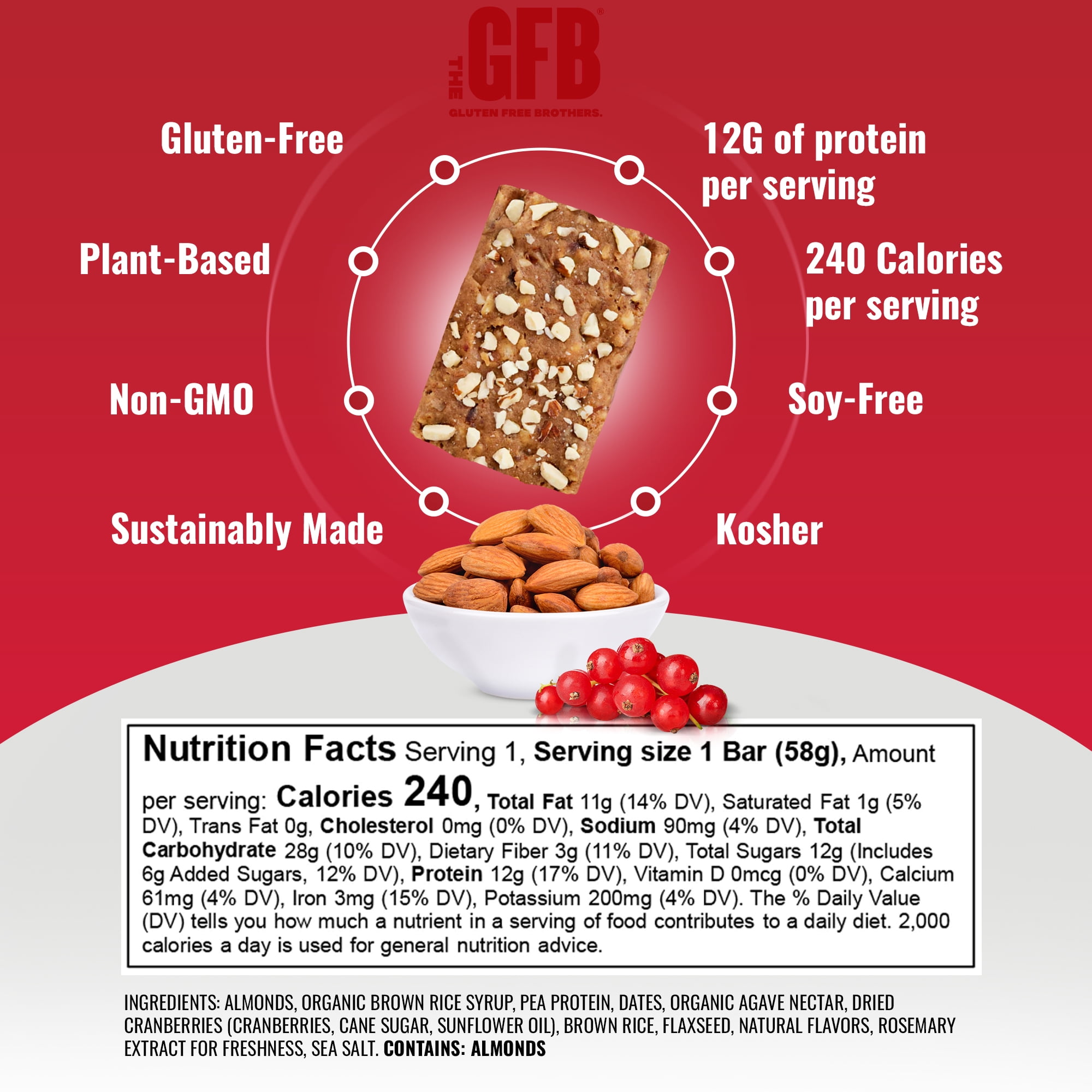 The Gluten Free Brothers – The GFB Snack Bars – Cranberry Toasted Almond – Vegan, 2.05 Oz (12 Count)