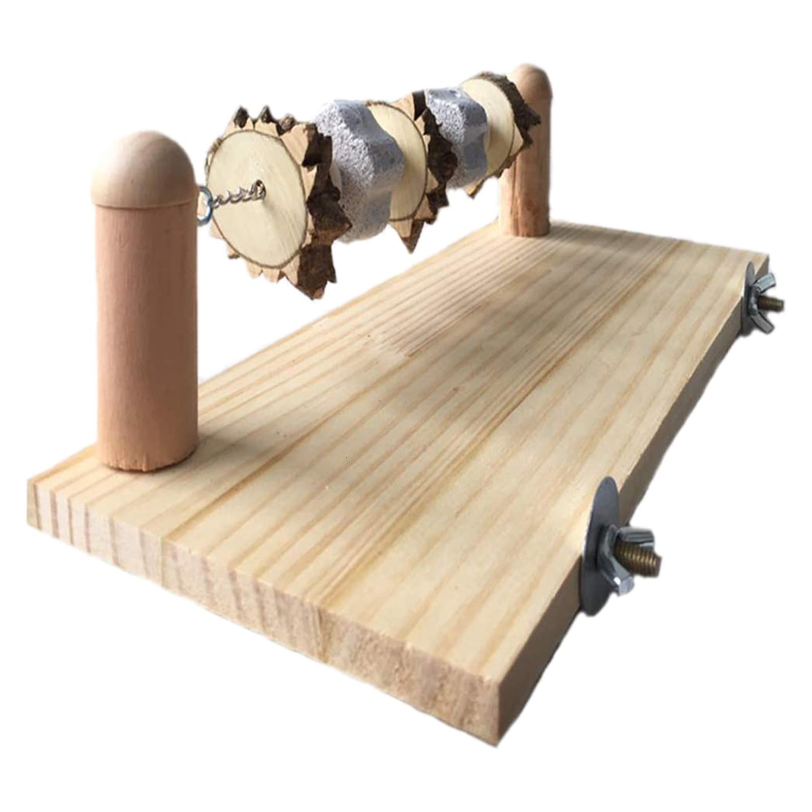 YongCo Bird Toy Natural Wood Perch Wooden Stand Platform with Stones Chewing for Pet Birds Hamster