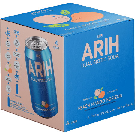 ARIH Dual Biotic Soda, Functional Prebiotic and Postbiotic Soda, Low Sugar, Peach Mango Horizon, 12 fl oz, 4 Pack