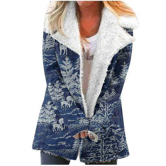 Herrnalise Jackets For Women Fashion Long Sleeve Christmas Printing Pocket Composite Plush Button Coat Long Sleeve Hatless Casual Coat/Jacket Shackets For Women 2024 fall Black,S