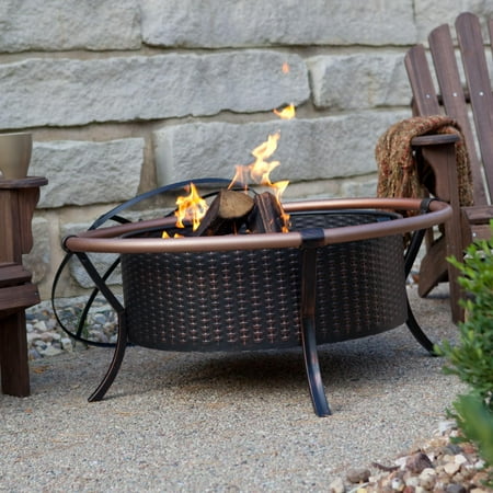Fire Sense Fire Pit Copper Rail Steel Fire Bowl with Weave Pattern Included Screen Lift Tool-Antique Bronze-27.5"